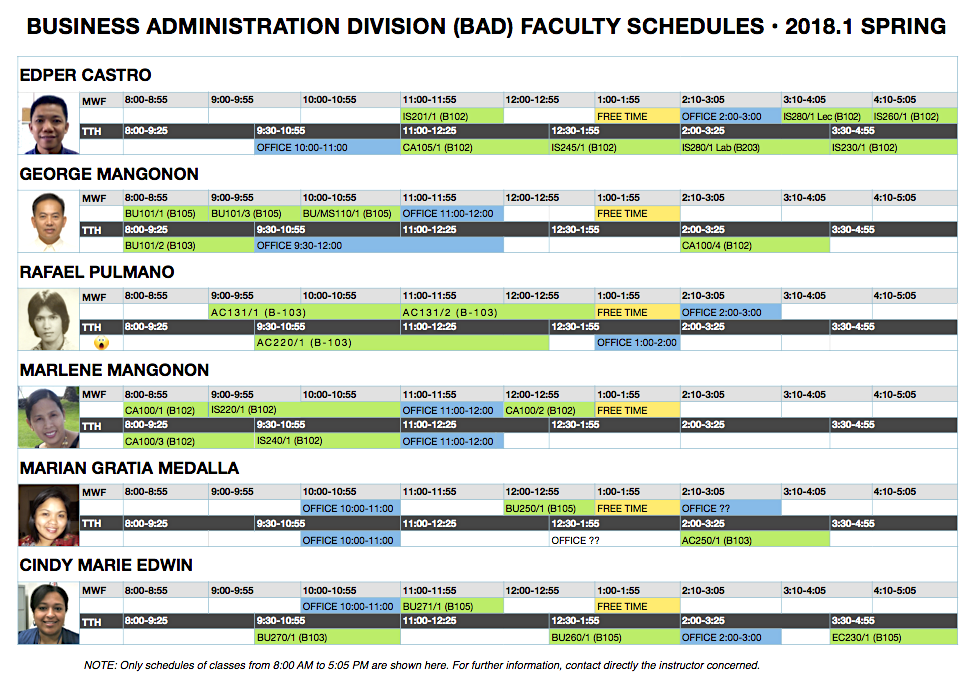 Business Division Faculty Schedules for spring 2018